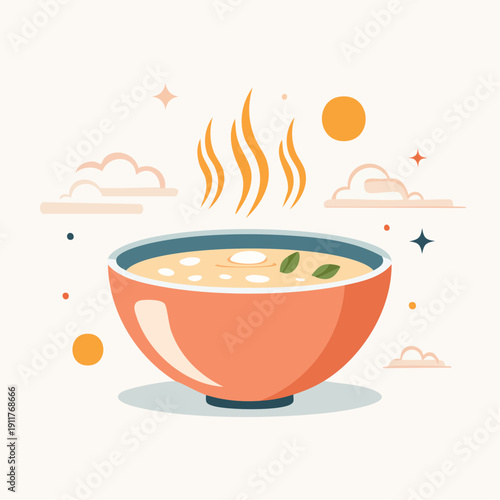 Delicious hot soup served in a bowl with steam rising, ideal for food and restaurant themes