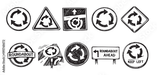 Collection of hand-drawn style roundabout traffic signs. Vector illustration. Perfect for educational material, maps, or transportation-themed designs. Road safety awareness.
