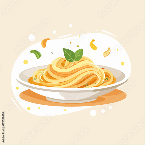Delicious Plate of Spaghetti with Fresh Basil and Yellow Bell Pepper