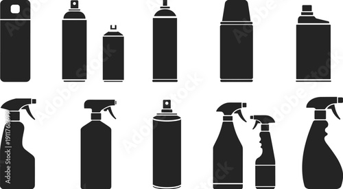 Spray bottle silhouette illustration set, aerosol can artwork, household container vector design, cleaning product icon pack, black graphic collection
