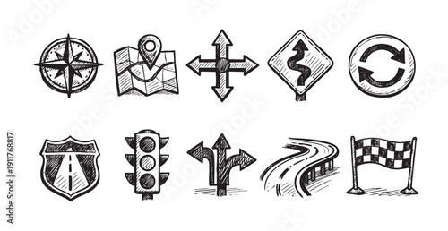 Collection of hand-drawn style road trip icons, including a compass, map, signs, and a finish flag. Use for travel blogs, mobile apps, or website design.