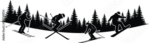 Winter sports silhouette illustration, skiing and snowboarding action scenes in snowy alpine forest landscape, extreme outdoor adventure design for web app branding