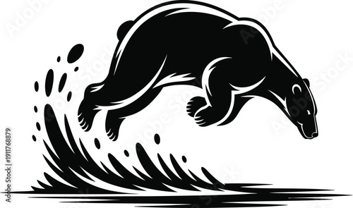 A black and white illustration of a seal jumping out of the water