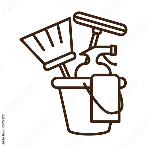 Cleaning tools linear icon with editable stroke, isolated on transparent background. Clean outline symbol perfect for housekeeping, sanitation, hygiene and janitorial services, cleaning office.