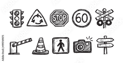Hand-drawn, doodle style collection of road signs, traffic signs and travel icons on white. Vector illustration. Suitable for infographics, apps, websites and safety campaigns.