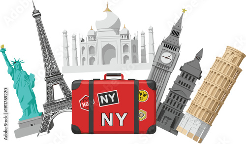 World travel landmarks illustration with suitcase, Eiffel Tower Taj Mahal Big Ben and Pisa Tower, global tourism vacation concept, international journey design