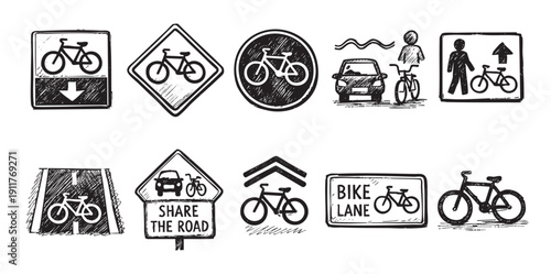 A hand-drawn collection of bike safety signs. Perfect for illustrating cycling awareness, traffic rules, and shared road safety. Great for educational materials and campaigns.