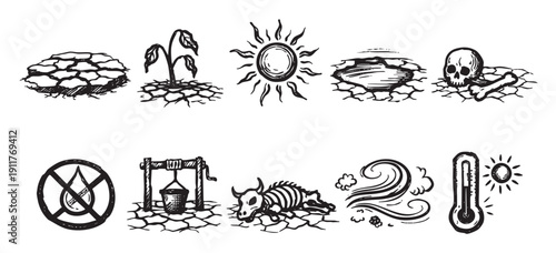 Hand-drawn style black and white icons show drought symptoms and climate change impacts. Could be used to visualize environmental issues and advocate for change.