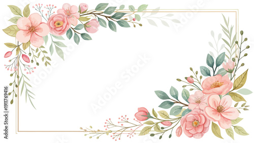 Mother's day floral border frame with pink roses and green leaves on white background for greeting cards