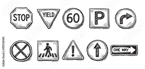 Collection of hand-drawn style traffic and road signs including stop, yield, speed limit, parking, crosswalk, and warning icons. Great for infographics or educational materials.
