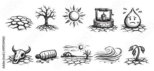 Hand-drawn illustration showcasing drought conditions and water scarcity themes. Includes cracked earth, dead tree, sun, dry well, sad water drop, skull, bottle, dry landscape, wind, and dry plant.