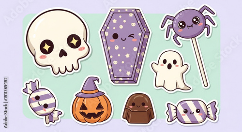 Cute Halloween stickers set with skull, coffin, and ghost