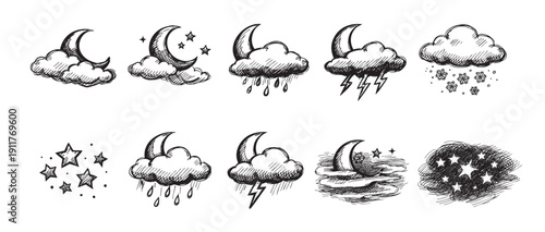 Set of sketched weather icons featuring moon phases, stars, clouds, rain, snow, and lightning. Suitable for weather apps, websites, educational materials, and creative projects.