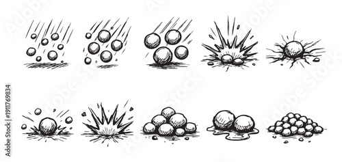 Hand drawn illustration depicts cannonballs in various stages of movement. From launch to impact and pooling liquid, this sequence is perfect for animation or design projects.