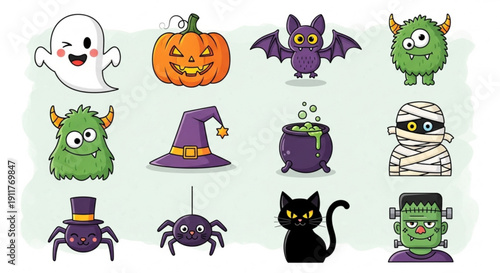 Halloween characters and symbols in playful cartoon style
