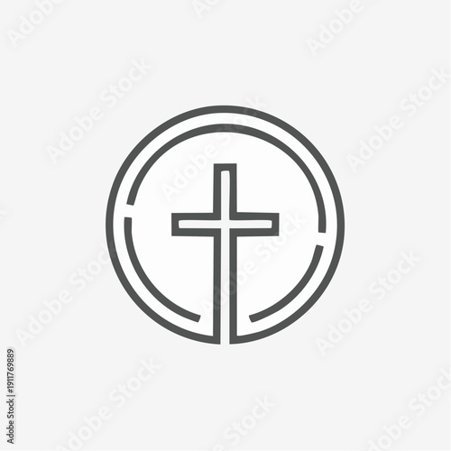 Minimalist Line Art Christian Cross Symbol Enclosed in a Circular Frame, Representing Faith and Spirituality