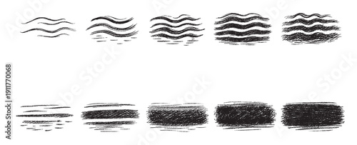 This stock photo features a series of hand-drawn wave patterns and textured rectangles. The illustrations show a progression from sparse lines to dense shading on white.