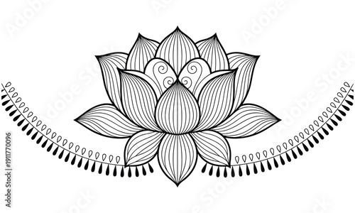 Beautiful lotus flower illustration with delicate lines and patterns symbolizing serenity and spiritual growth in a simple black and white design perfect for meditation and mindfulness themes.