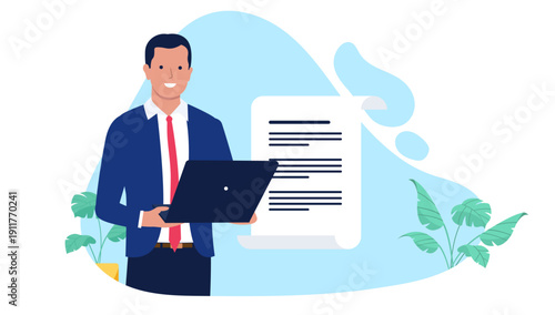 A professional businessman in a formal suit holding a laptop and standing next to a large document or contract scroll representing digital work and legal agreements, flat design vector illustration
