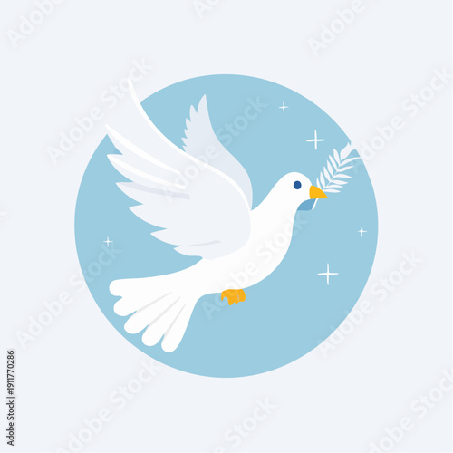 A white dove carrying a green sprig, symbolizing peace and hope, against a light blue background