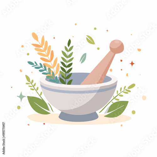 Mortar and pestle with plants and herbs for preparing natural remedies