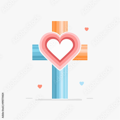 Foto Pastel Striped Christian Cross with Pink Heart Symbolizing Love, Faith, Hope, an