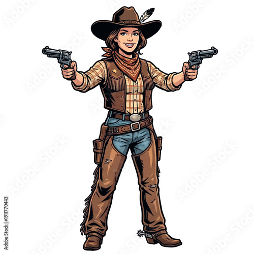 Action-Ready Cowgirl Dual Wielding Revolvers Illustration