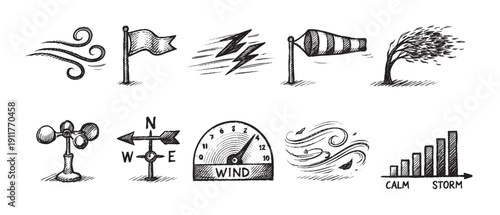 Hand-drawn weather icons representing wind speed, direction, and storm severity. Black and white, perfect for weather reports, educational materials, and environmental themes.