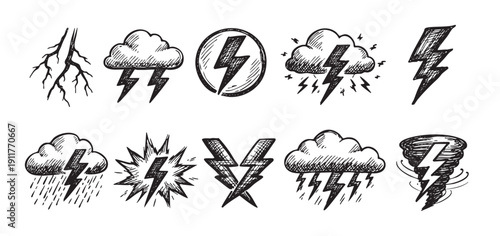 Hand drawn illustration of various weather elements like lightning, clouds, storm, and tornado, ideal for weather reports, educational materials, or creative designs.