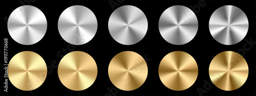 Set of ten circular metallic swatches featuring conical gradients in silver and gold tones