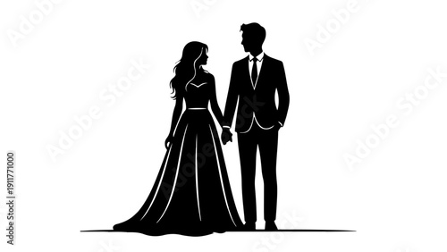 Elegant Wedding Couple Silhouette Holding Hands | Bride in Flowing Gown and Groom in Suit Vector Art