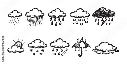 A set of hand drawn weather icons including rain, snow, sun, storm, umbrella, and puddle illustrations in black and white. Perfect for designs about weather and forecasting.