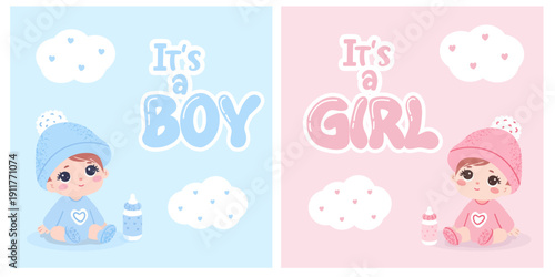 A set of square baby shower invitations for boys and girls with decorative frames and stickers, vector illustration.