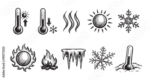 Hand-drawn sketch illustration of different weather and temperature icons including sun, fire, icicles, thermometer, snowflakes. Suitable for weather forecasts, education, and seasonal promotions.