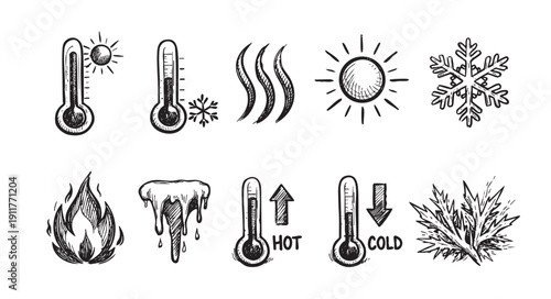 Collection of hand-drawn icons representing hot and cold weather conditions. Includes sun, snowflake, thermometer, fire, ice, wind. Use for weather forecasts, science, or educational materials.