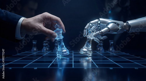 Human intelligence versus artificial intelligence battling with digital chess kings symbolizes technology strategy and rivalry on transparent background