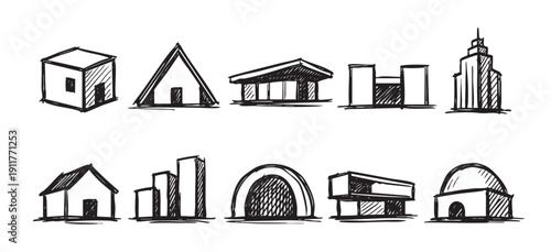 A collection of hand-drawn building sketches in black and white. Includes various architectural styles, from houses to skyscrapers. Ideal for design, construction, real estate, or creative projects.