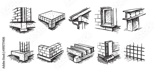 Set of hand-drawn architectural details showcasing building components, foundations, and structural elements. Ideal for construction, engineering, or design related presentations and visualizations.
