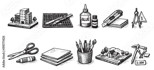 Hand-drawn illustration showcasing architectural model-making tools. Depicts scissors, glue, paint, cutting mat, compasses, and models. Ideal for architecture or design related content.