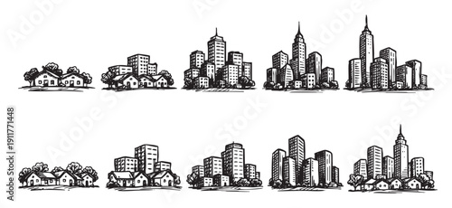 Black and white vector illustration depicting different stages of city development, from small town to metropolis. Usable for urban planning, architectural projects or finance concepts.