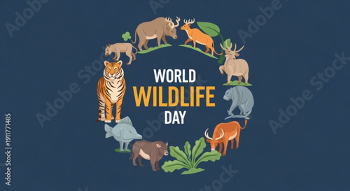 World Wildlife Day illustration with diverse animals in a circle concept for conservation and nature awareness flat vector art