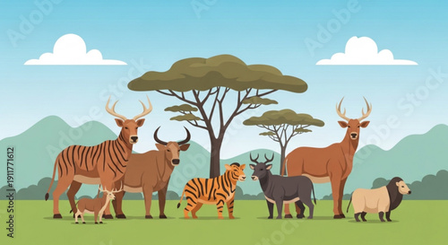 Collection of African savanna animals including antelope wildebeest tiger and deer in a flat vector illustration style for nature or wildlife