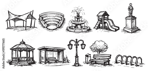 Black and white sketch illustration depicting common urban amenities. Use for city planning, architectural design, urban development, or infographic design projects showcasing public infrastructure.