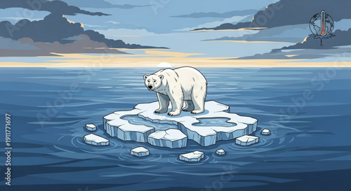Polar bear on melting ice floe in the ocean concept of climate change and global warming environmental crisis illustration