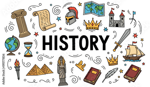 Colorful history icons surrounding bold text