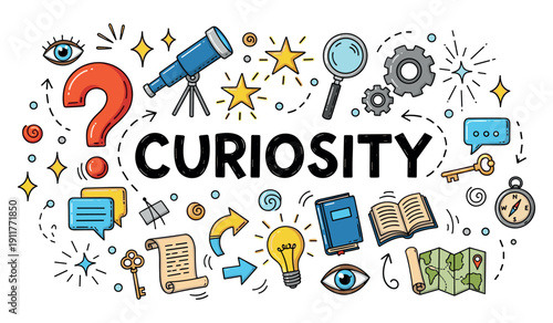 Colorful conceptual illustration of curiosity with exploration and discovery icons