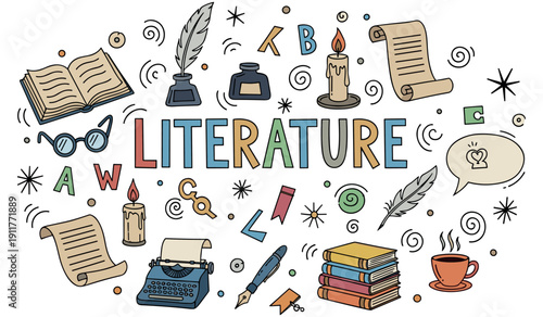 Colorful literature-themed illustration with books, quill, typewriter, and coffee