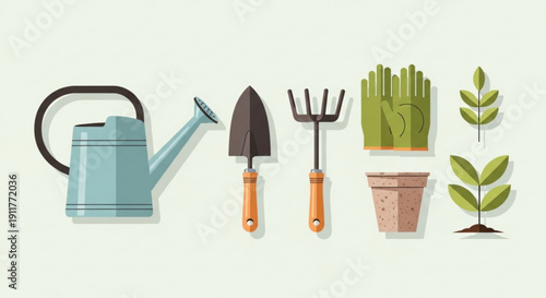 Gardening tools set including watering can trowel rake gloves pot and plants flat vector illustration for spring and summer projects