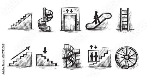 A collection of hand-drawn icons depicting various modes of transportation and vertical movement. Includes stairs, elevator, escalator, ladder, and variations. Isolated on white.