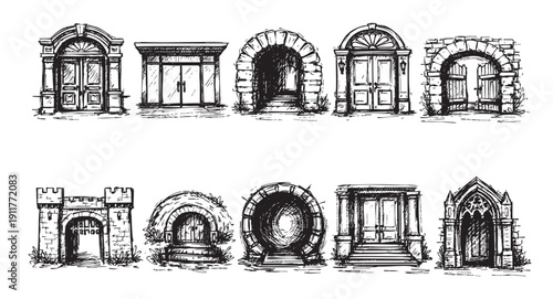 A vector illustration featuring various hand-drawn door and portal designs. Black and white graphic style suitable for fantasy, architecture, or vintage themes.